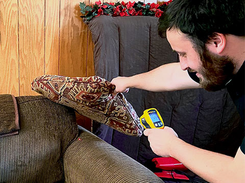 Technician performing a professional visual bed bug inspection