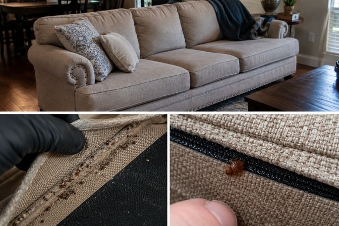 Sofa and upholstered furniture where bed bugs may hide
