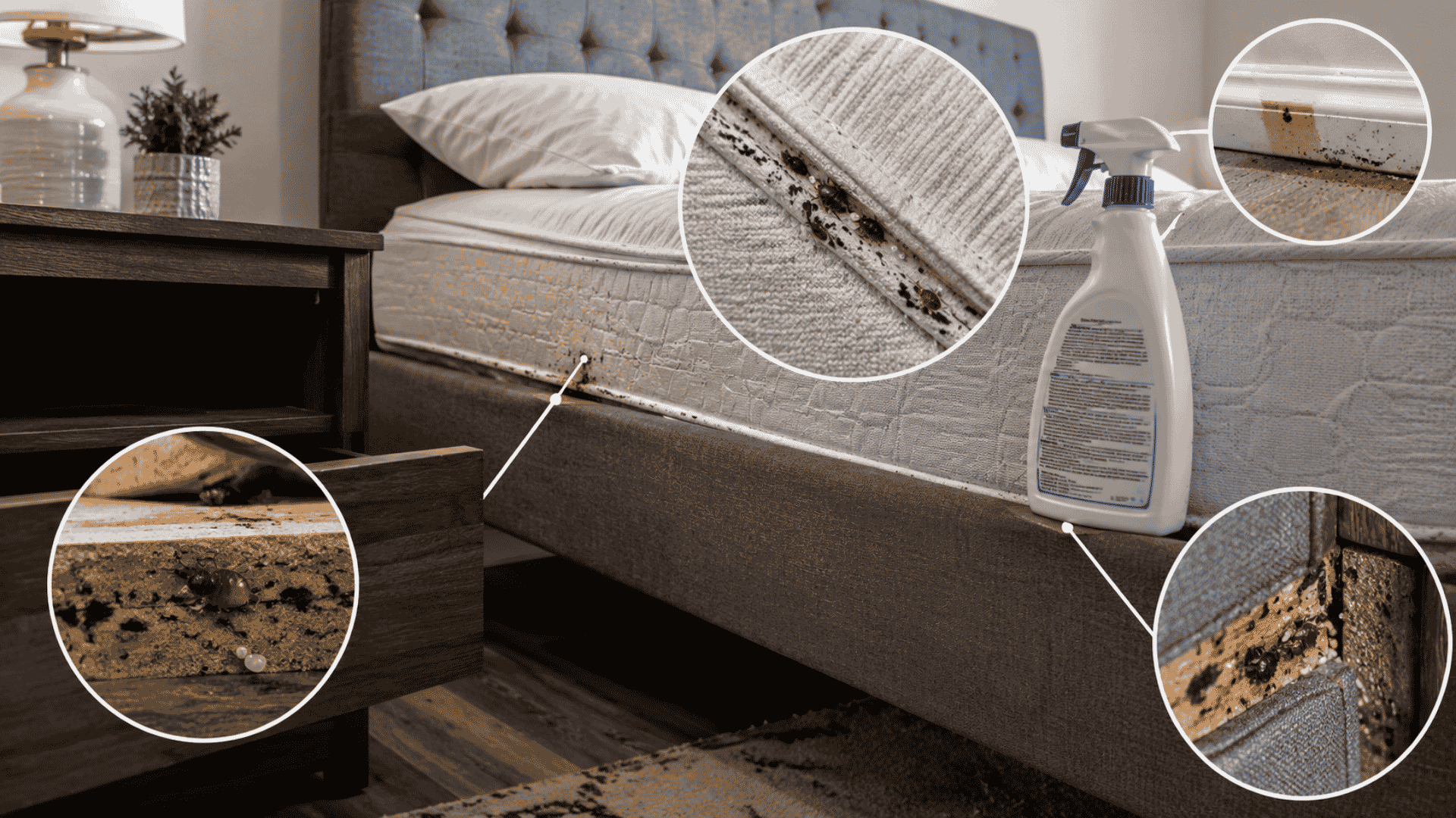 DIY bed bug spray risks with bed bug hiding areas shown in a bedroom