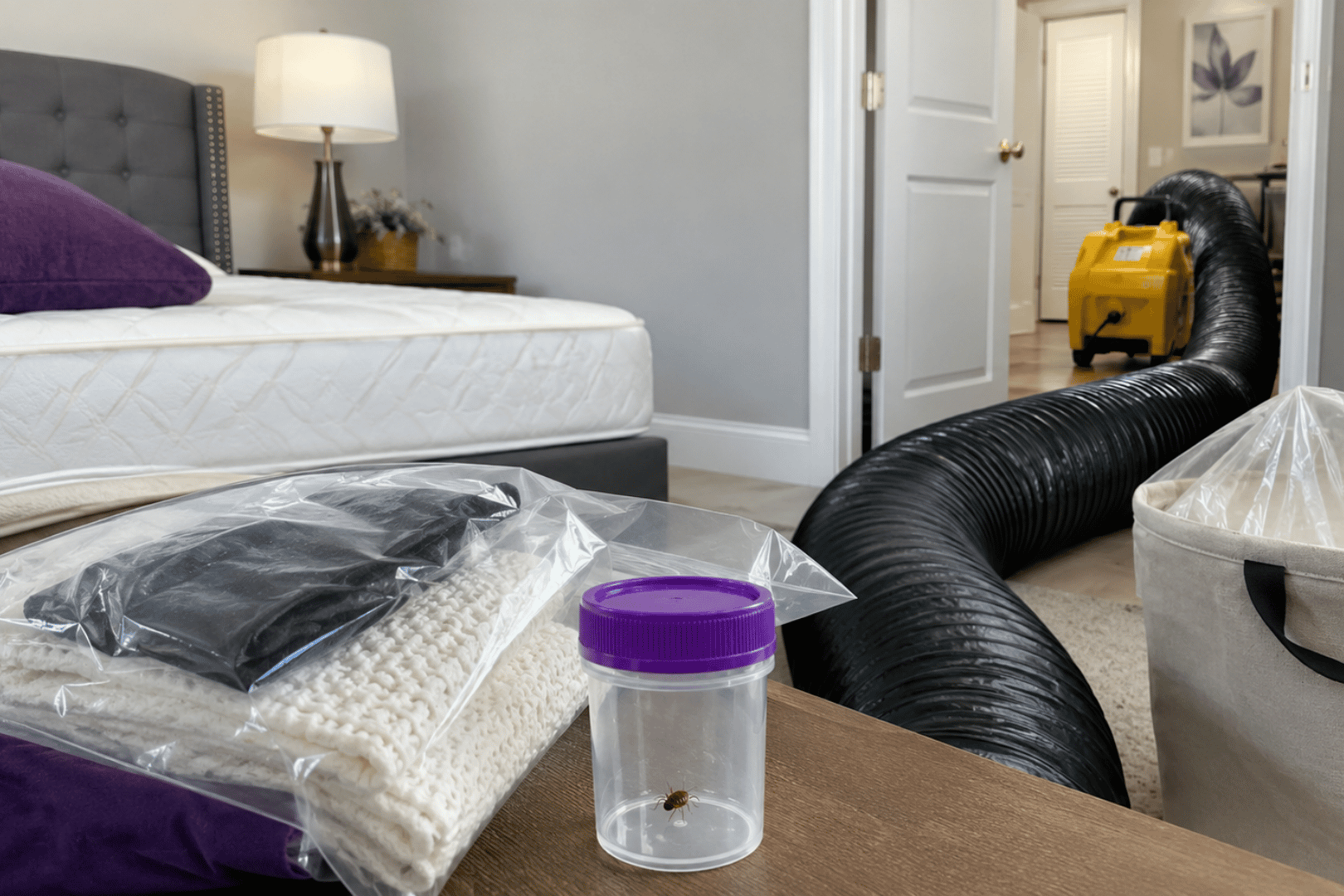 Professional bed bug heat treatment equipment set up in a bedroom with containment items