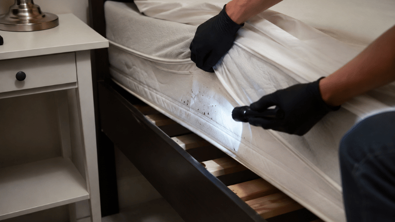 Mattress seam being inspected with a flashlight after travel