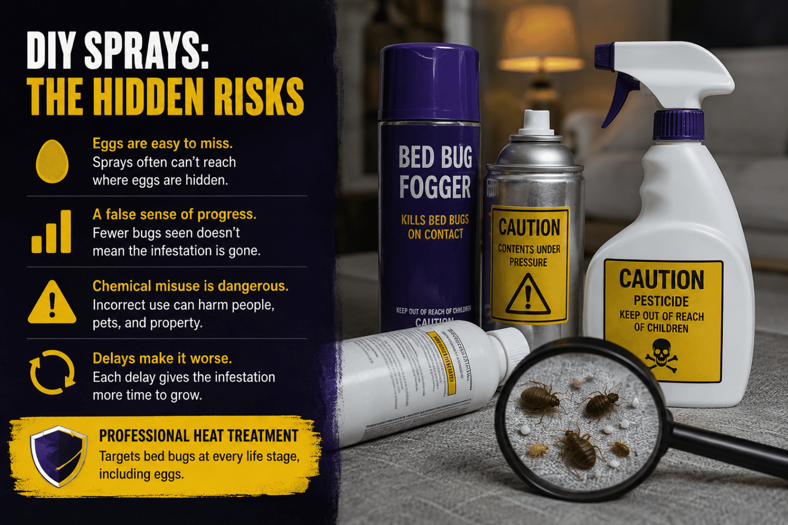 Infographic showing risks of DIY bed bug sprays including missed eggs, false progress, and chemical misuse
