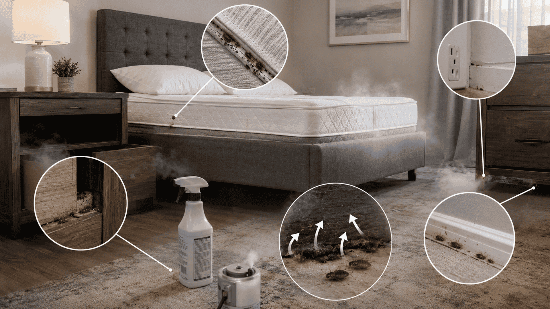 Bedroom showing how DIY sprays may miss hidden bed bugs in mattress seams and furniture