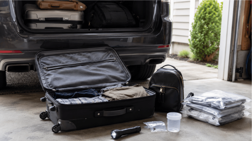 Suitcase and travel belongings being inspected in a garage before entering the home