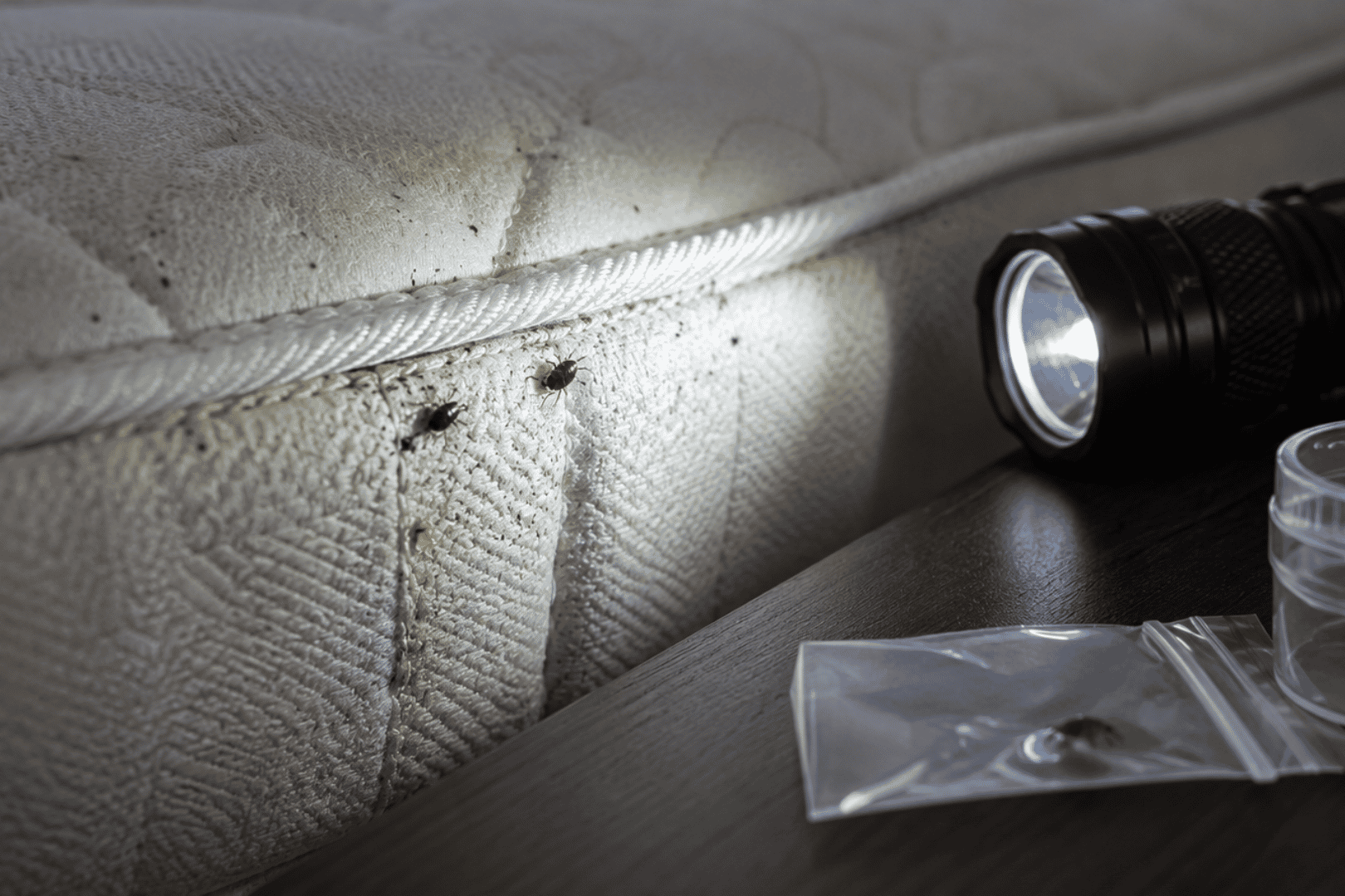 Close-up inspection of mattress seam with bed bug evidence and specimen container